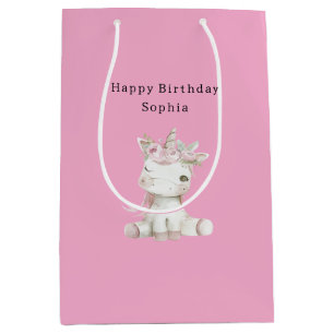 Cute Unicorn Pink Floral Birthday Medium Gift Bag