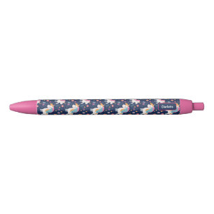 Cute Unicorn Pink Flowers Blue Background Black Ink Pen