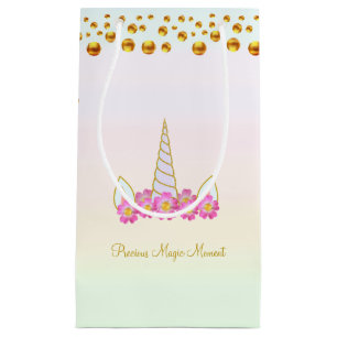 Cute Unicorn, Pink Flowers & Gold Confetti Small Gift Bag