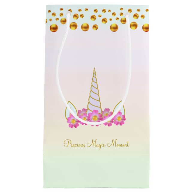 Cute Unicorn, Pink Flowers & Gold Confetti Small Gift Bag (Front)