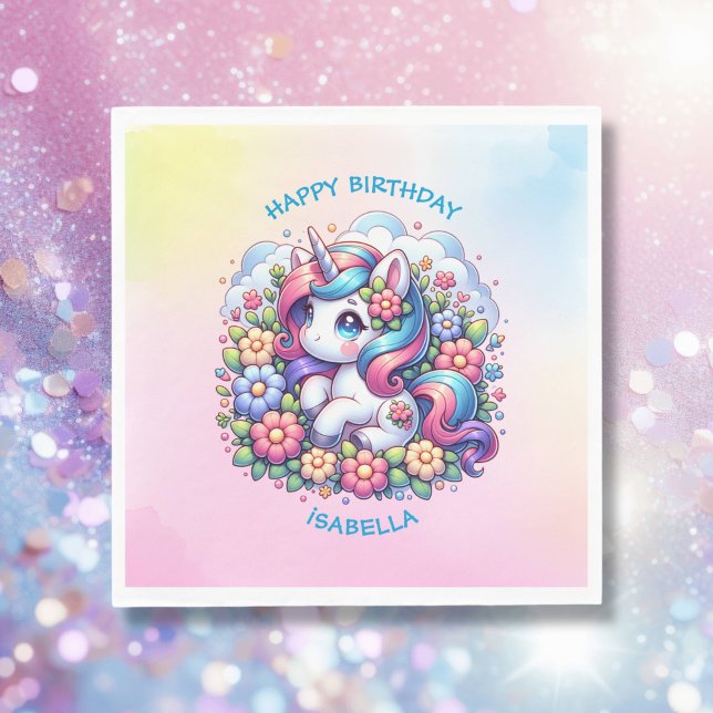 Cute Unicorn Pink Girl's Birthday Personalised Napkin (Creator Uploaded)