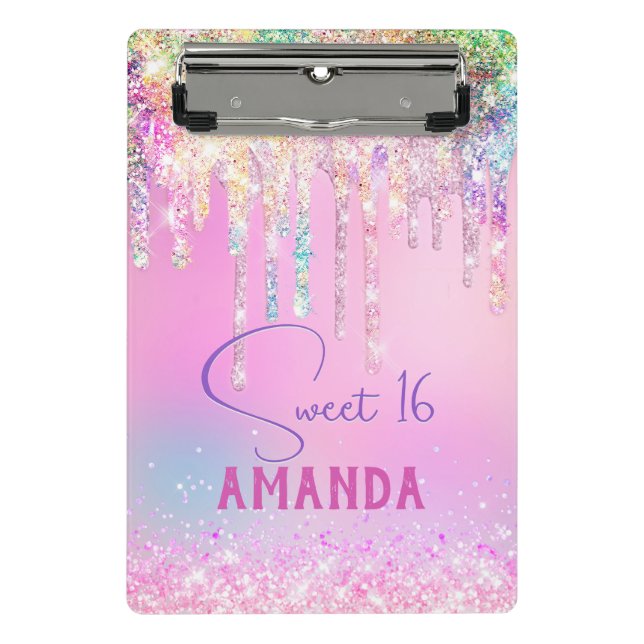 Cute unicorn pink glitter birthday monogram mini clipboard (Front)