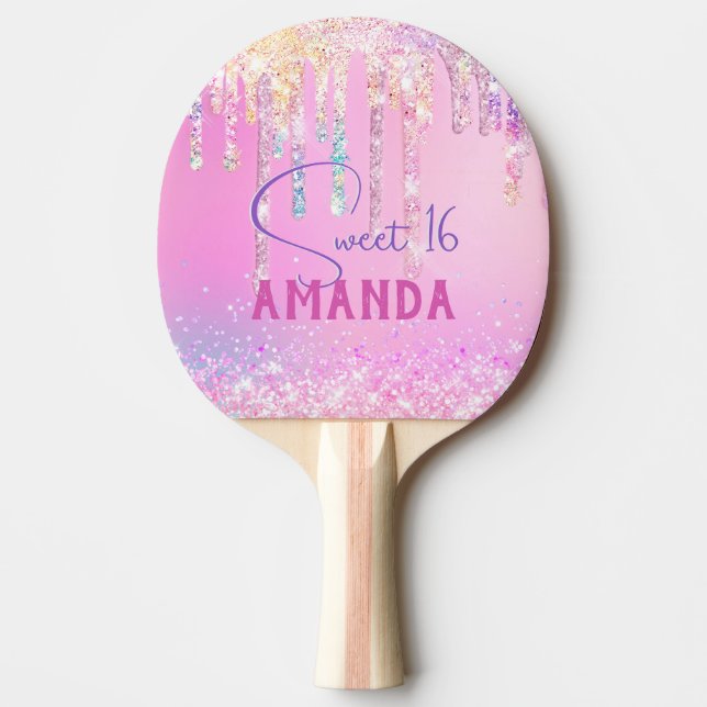 Cute unicorn pink glitter birthday monogram ping pong paddle (Front)