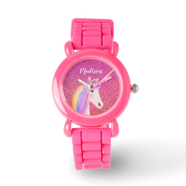 Cute Unicorn Pink Glitter Personalised Kid's Watch (Front)