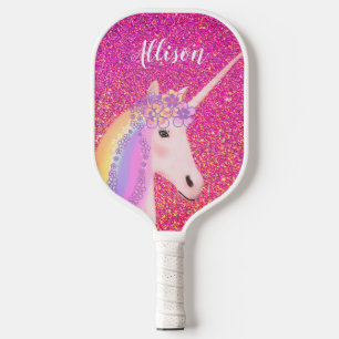Cute Unicorn Pink Glitter Personalised Pickleball Paddle