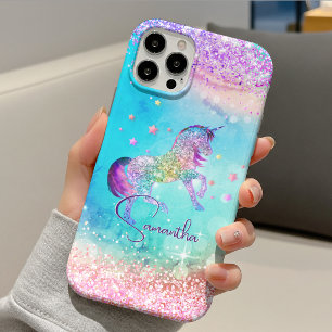 Cute unicorn pink Glitter rainbow aqua monogram iPhone 11 Pro Case