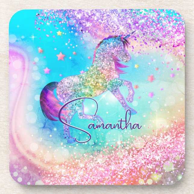 Cute unicorn pink Glitter rainbow aqua monogram Coaster (Front)
