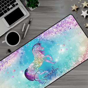 Cute unicorn pink Glitter rainbow aqua monogram Desk Mat