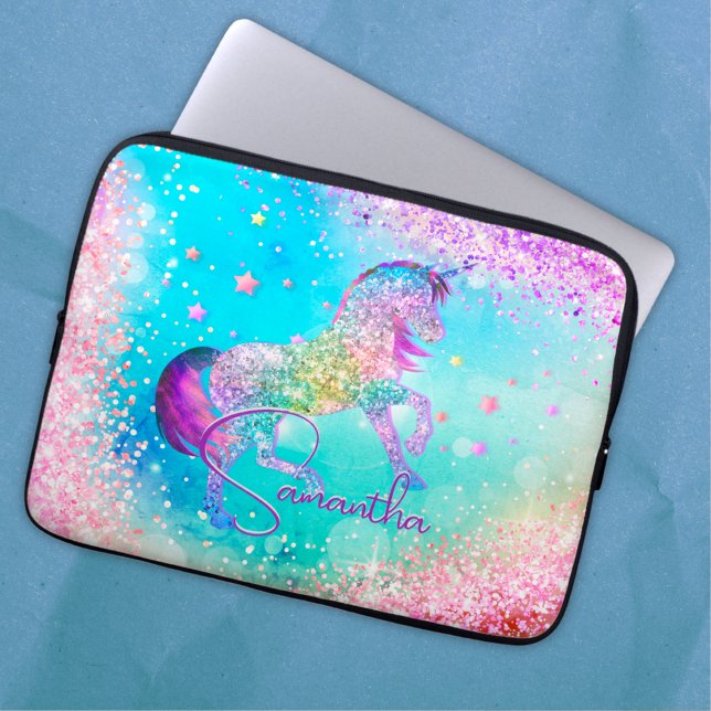 Cute unicorn pink Glitter rainbow aqua monogram Laptop Sleeve (Creator Uploaded)