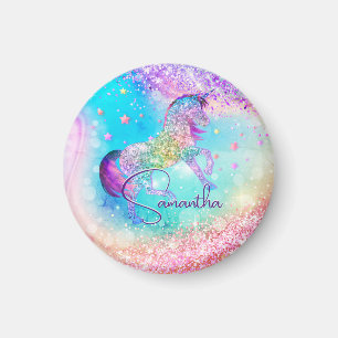 Cute unicorn pink Glitter rainbow aqua monogram Magnet