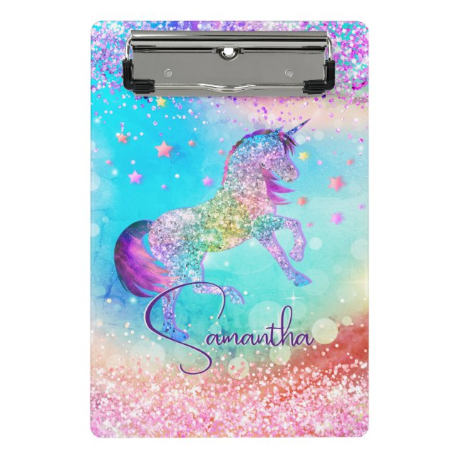 Cute unicorn pink Glitter rainbow aqua monogram Mini Clipboard (Front)