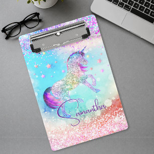 Cute unicorn pink Glitter rainbow aqua monogram Mini Clipboard