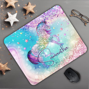 Cute unicorn pink Glitter rainbow aqua monogram Mouse Mat