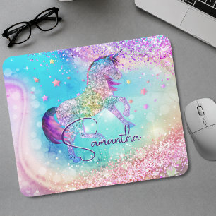 Cute unicorn pink Glitter rainbow aqua monogram Mouse Mat
