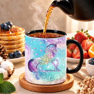 Cute unicorn pink Glitter rainbow aqua monogram Mug