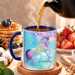 Cute unicorn pink Glitter rainbow aqua monogram Mug