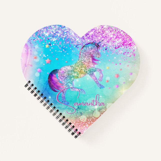 Cute unicorn pink Glitter rainbow aqua monogram Notebook (Front)