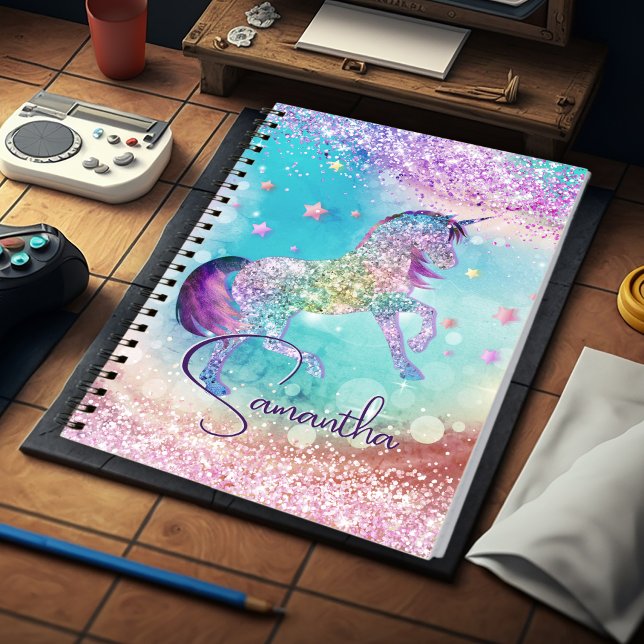 Cute unicorn pink Glitter rainbow aqua monogram Notebook (Creator Uploaded)