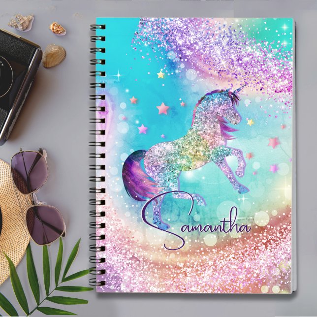Cute unicorn pink Glitter rainbow aqua monogram Notebook (Creator Uploaded)