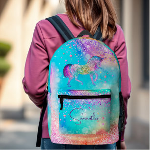 Cute unicorn pink Glitter rainbow aqua monogram Printed Backpack