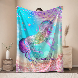 Cute unicorn pink Glitter rainbow aqua monogram Sherpa Blanket
