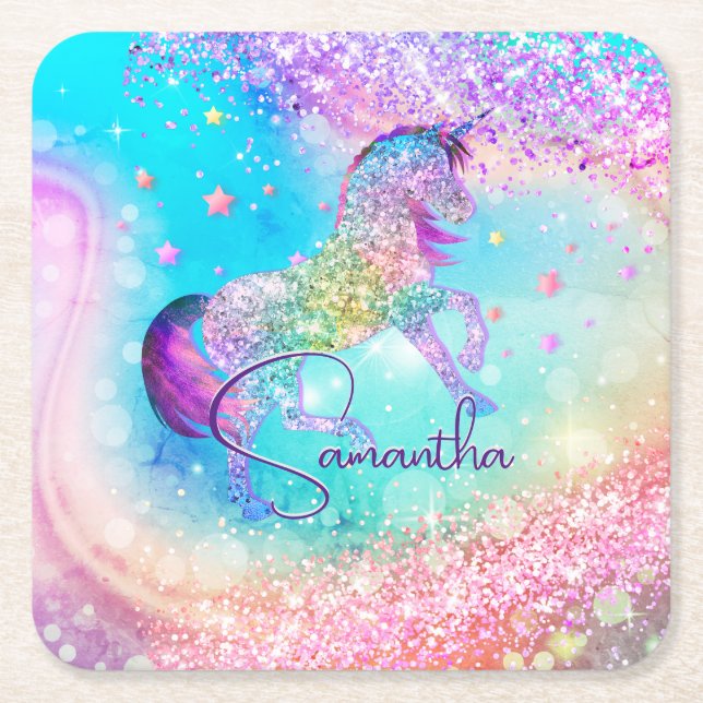 Cute unicorn pink Glitter rainbow aqua monogram Square Paper Coaster (Front)