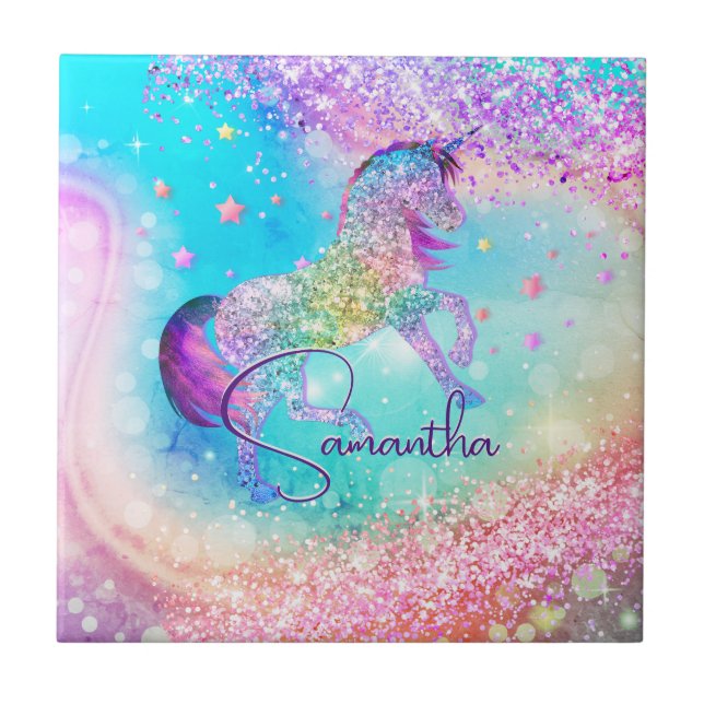 Cute unicorn pink Glitter rainbow aqua monogram Tile (Front)