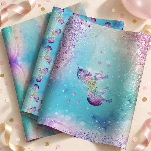 Cute unicorn pink Glitter rainbow aqua monogram Wrapping Paper Sheet