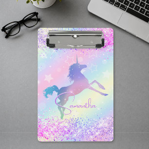 Cute unicorn pink Glitter rainbow art monogram Mini Clipboard