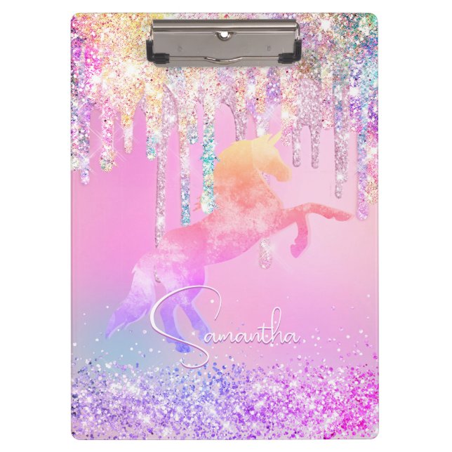 Cute unicorn pink Glitter rainbow Drips monogram Clipboard (Front)