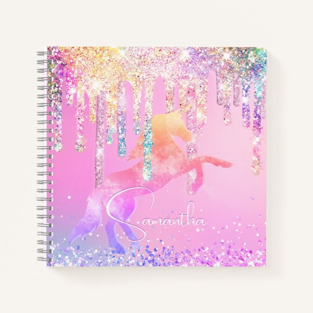 Cute unicorn pink Glitter rainbow Drips monogram Notebook (Front)