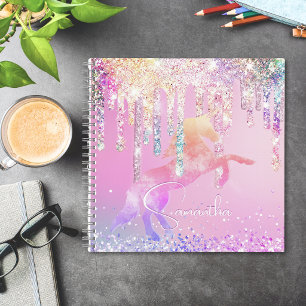 Cute unicorn pink Glitter rainbow Drips monogram Notebook