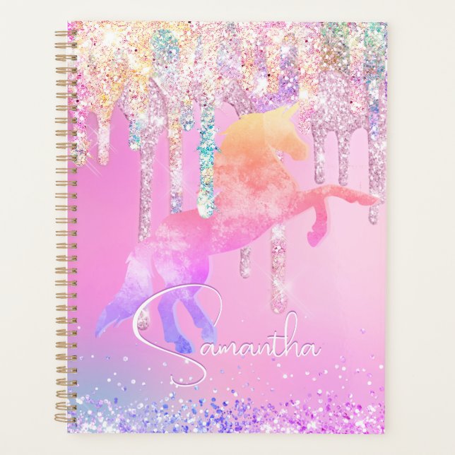 Cute unicorn pink Glitter rainbow Drips monogram Planner (Front)