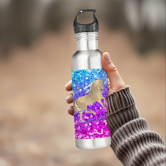 Cute unicorn pink Glitter rainbow gold monogram 710 Ml Water Bottle (Creator Uploaded)