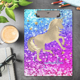 Cute unicorn pink Glitter rainbow gold monogram Clipboard