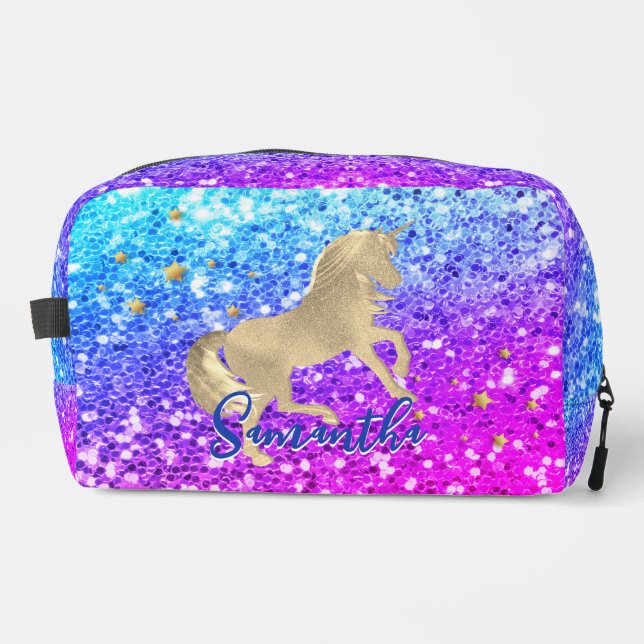 Cute unicorn pink Glitter rainbow gold monogram Dopp Kit (Front)