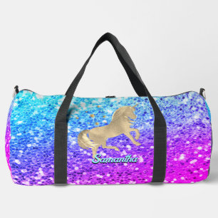 Cute unicorn pink Glitter rainbow gold monogram Duffle Bag