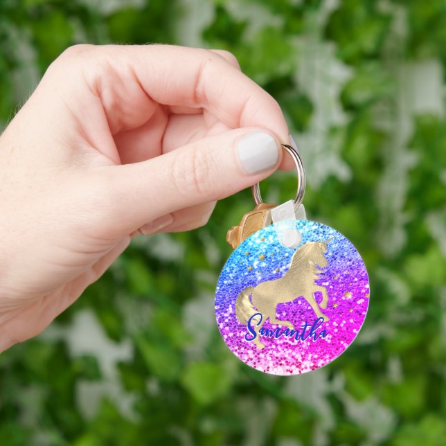 Cute unicorn pink Glitter rainbow gold monogram Key Ring (Hand)