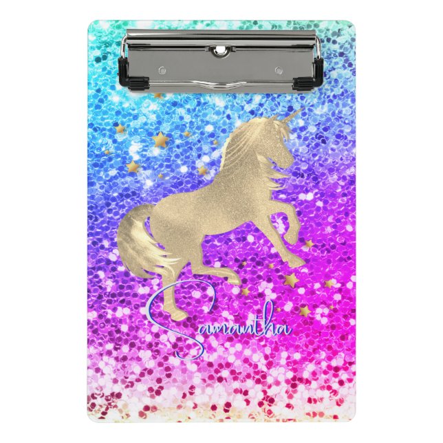 Cute unicorn pink Glitter rainbow gold monogram Mini Clipboard (Front)