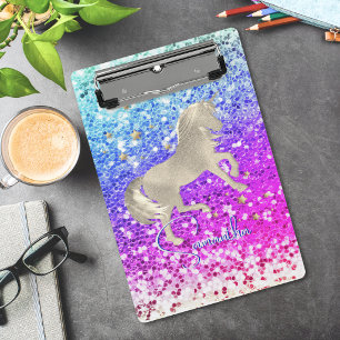 Cute unicorn pink Glitter rainbow gold monogram Mini Clipboard