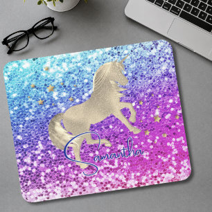 Cute unicorn pink Glitter rainbow gold monogram Mouse Mat