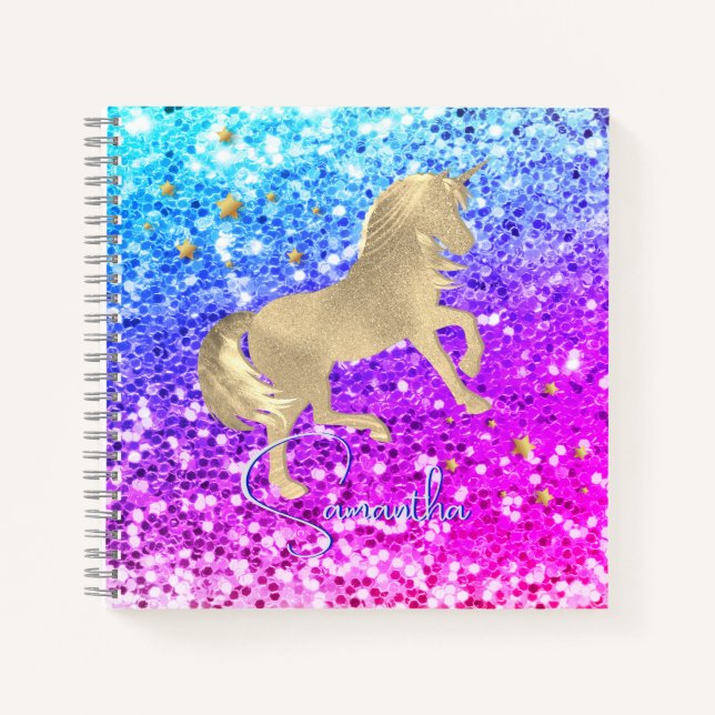Cute unicorn pink Glitter rainbow gold monogram Notebook (Front)
