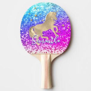 Cute unicorn pink Glitter rainbow gold monogram Ping Pong Paddle