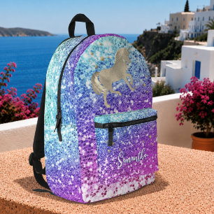 Cute unicorn pink Glitter rainbow gold monogram Printed Backpack
