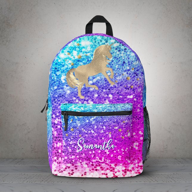 Cute unicorn pink Glitter rainbow gold monogram  Printed Backpack (Creator Uploaded)