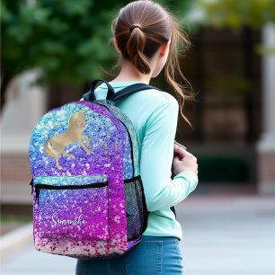 Cute unicorn pink Glitter rainbow gold monogram  Printed Backpack