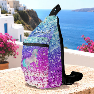 Cute unicorn pink Glitter rainbow gold monogram Sling Bag