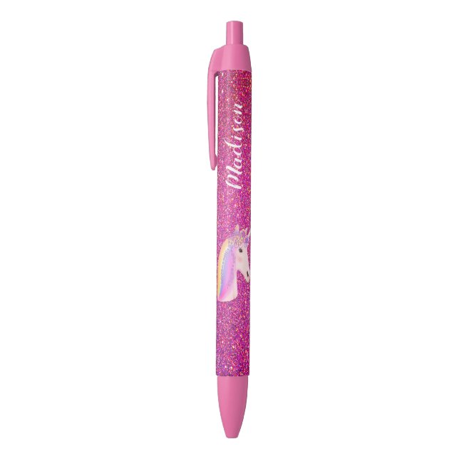 Cute Unicorn Pink Glitter Sparkle Personalised Black Ink Pen (Top (Vertical))