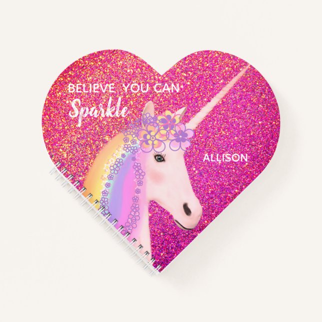 Cute Unicorn Pink Glitter Sparkle Personalised Notebook (Front)