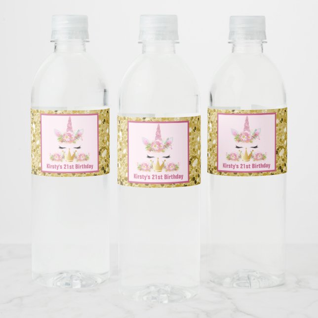 Cute Unicorn Pink Gold Glitter Birthday Water Bottle Label (Bottles)